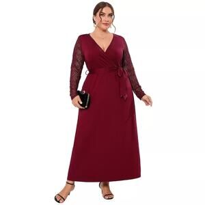Plus Size Red Lace V Neck Surplice Maxi Dress with BELT XL EXTRA LARGE NWT